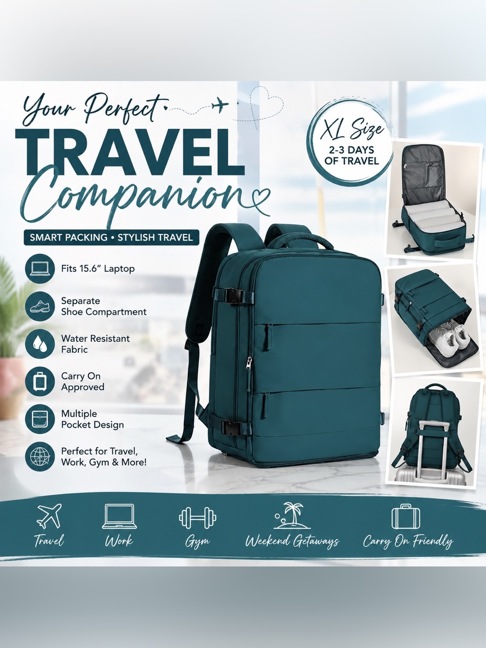 Teal XL Carry On Travel Backpack 15.6” Laptop Shoe Compartment